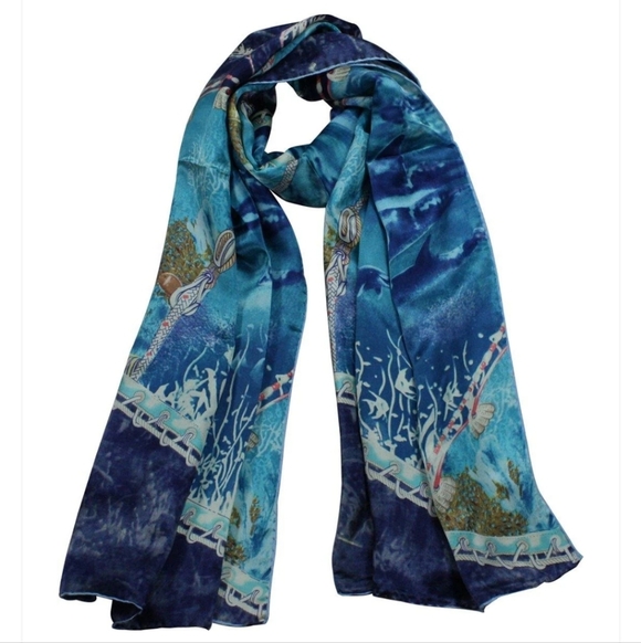 Luxury 100% Silk Long Scarf Fish Hawaii Vacation World Under The Sea Art To Wear - Picture 1 of 10